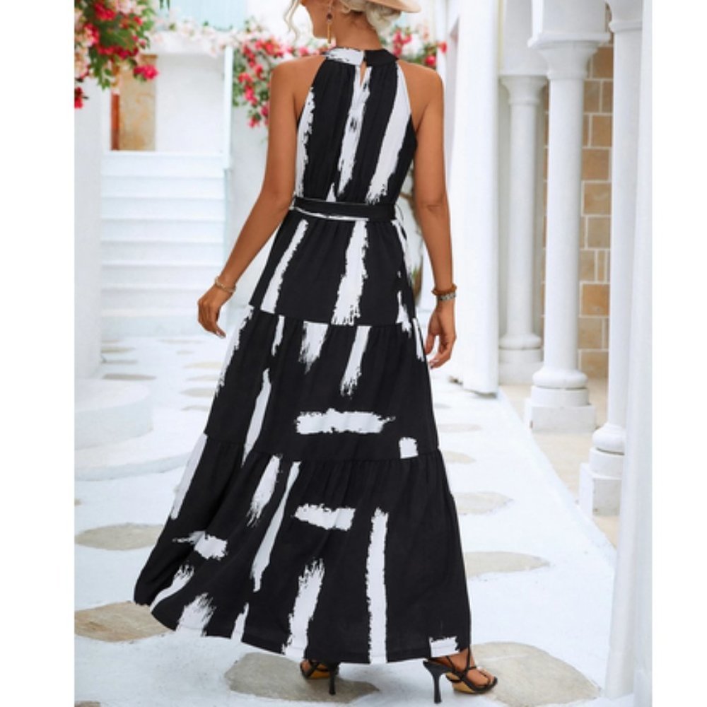 Black Preppy Womens Brush Print Ruffle Hem Belted Halter maxi Dress - Picture 2 of 6